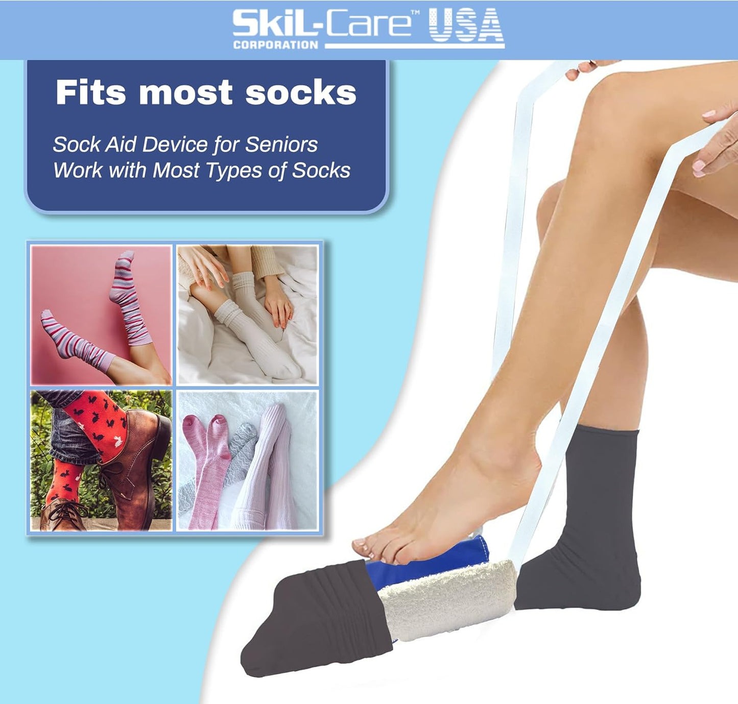 Skil-Care Easy-On Sock Aid Device for Seniors, Flexible Sock Helper for Seniors with Grip Handles, Sock Assistant Device No Bending, Socks Aide for Limited Mobility, 810106