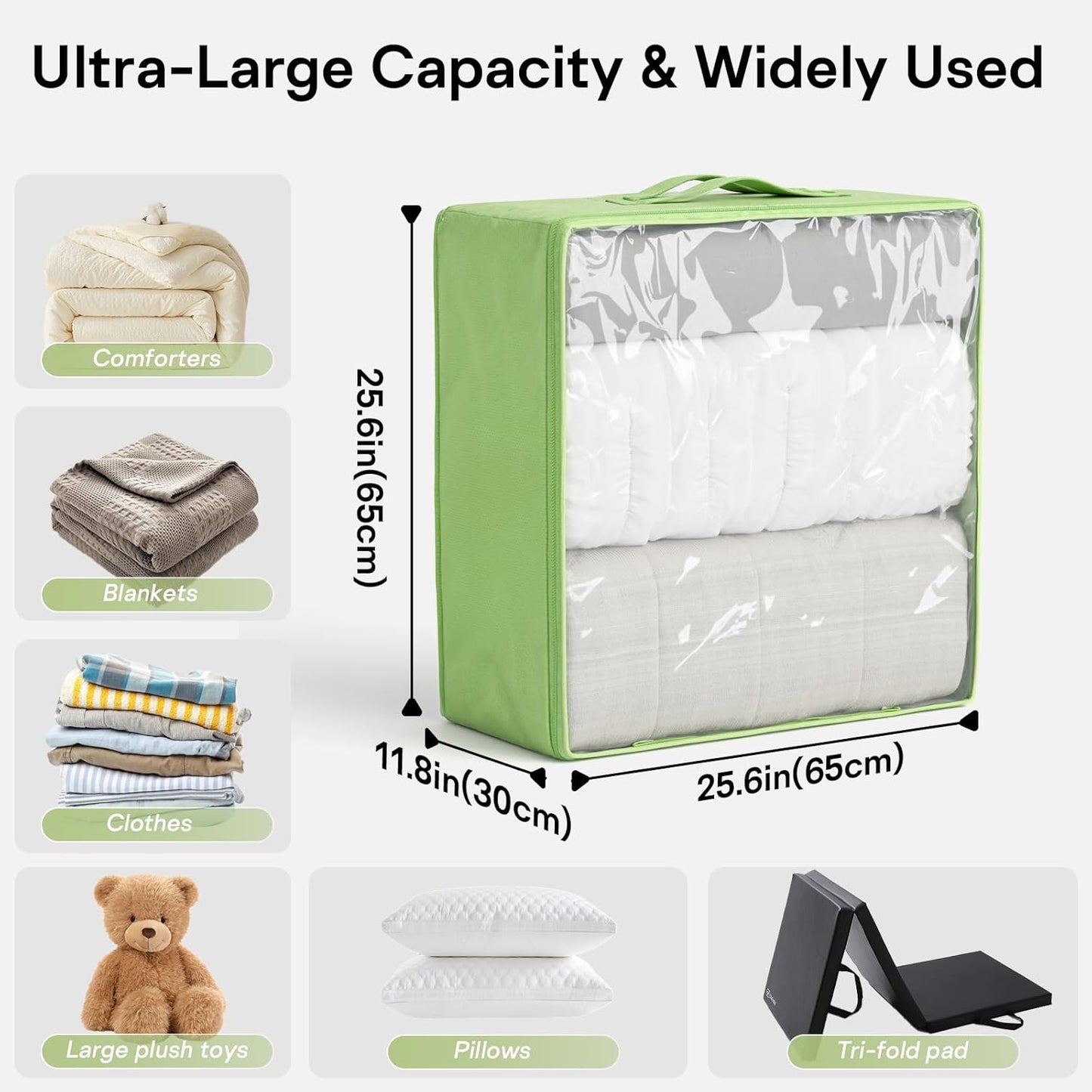 Clothes Storage Bags, Foldable Thick Fabric Blanket Storage Bags, Large Clear Window & Carry Handles, Great for Clothes, Blankets, Closets, Pillows, Toys (Green, Extra-2Pack)