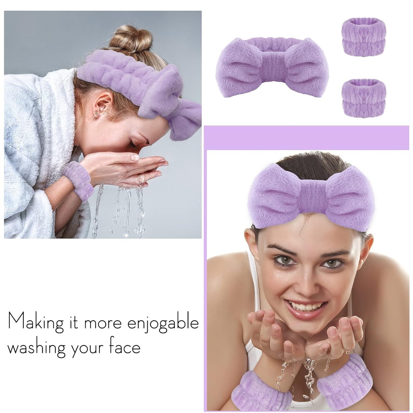 WSYUB Spa headband, Wristbands, Headband for Washing Face, 2pcs Wristlets for Sleeves Dry, Make up Headband,Purple