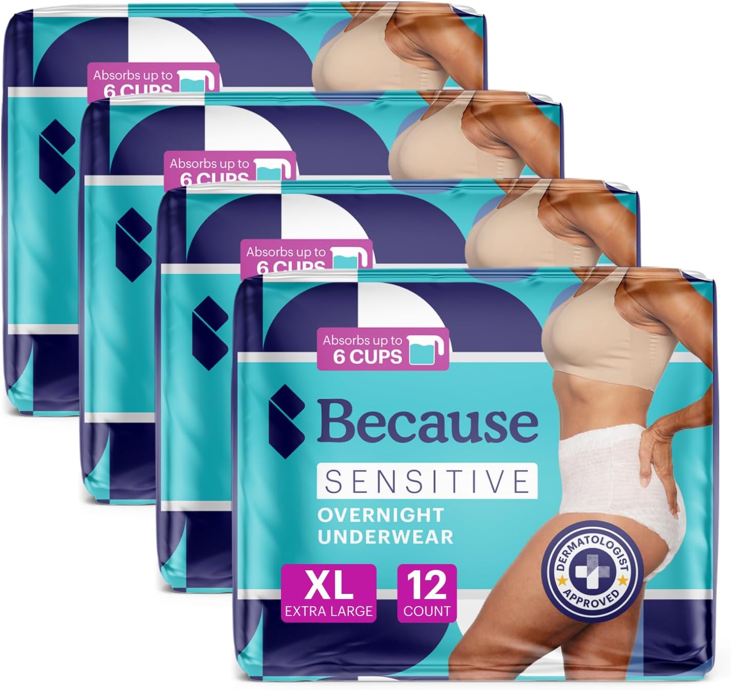 Because Adult Incontinence Underwear for Sensitive Skin - Women - Premium Overnight Disposable Briefs, Anti Odor - White, X-Large - Absorbs 6 Cups - 48 Count (4 Packs of 12)