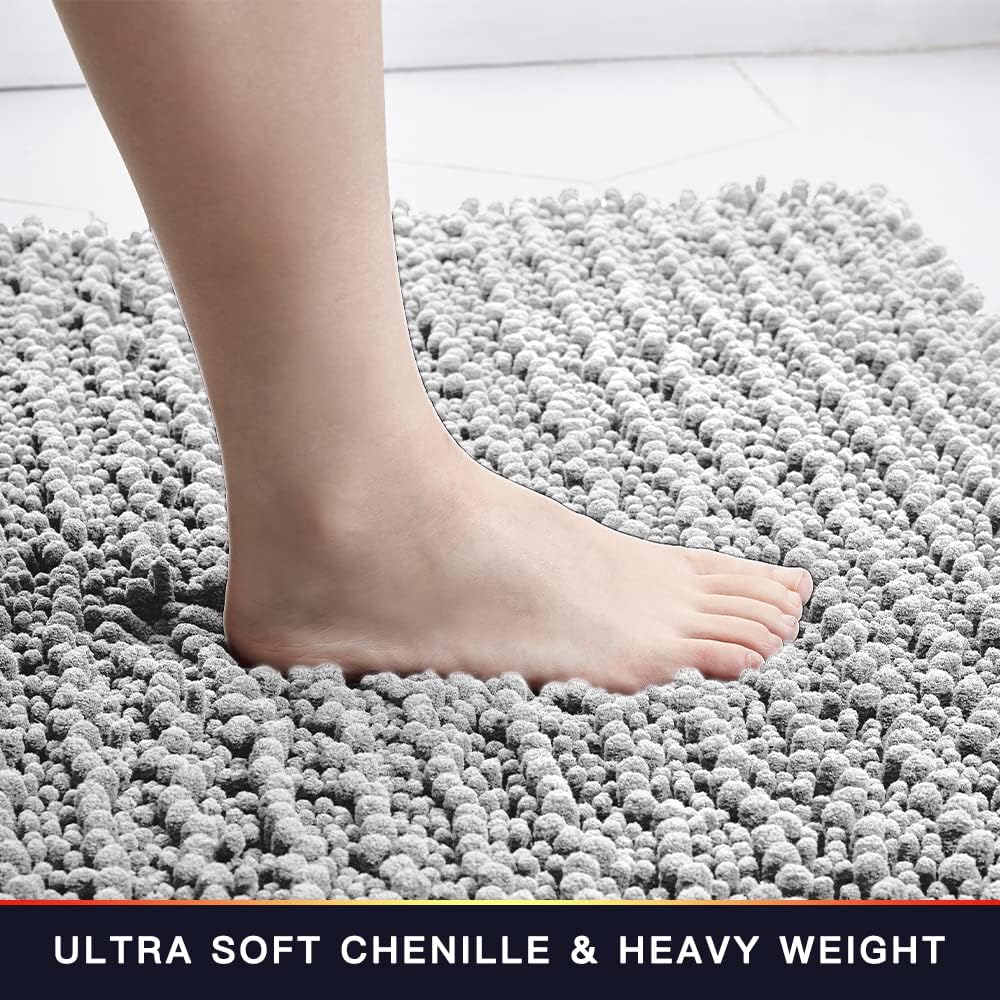Walensee Bathroom Rug Non Slip Bath Mat (24x17 Inch Light Grey) Water Absorbent Super Soft Shaggy Chenille Machine Washable Dry Extra Thick Perfect Absorbant Best Small Plush Carpet for Shower Floor