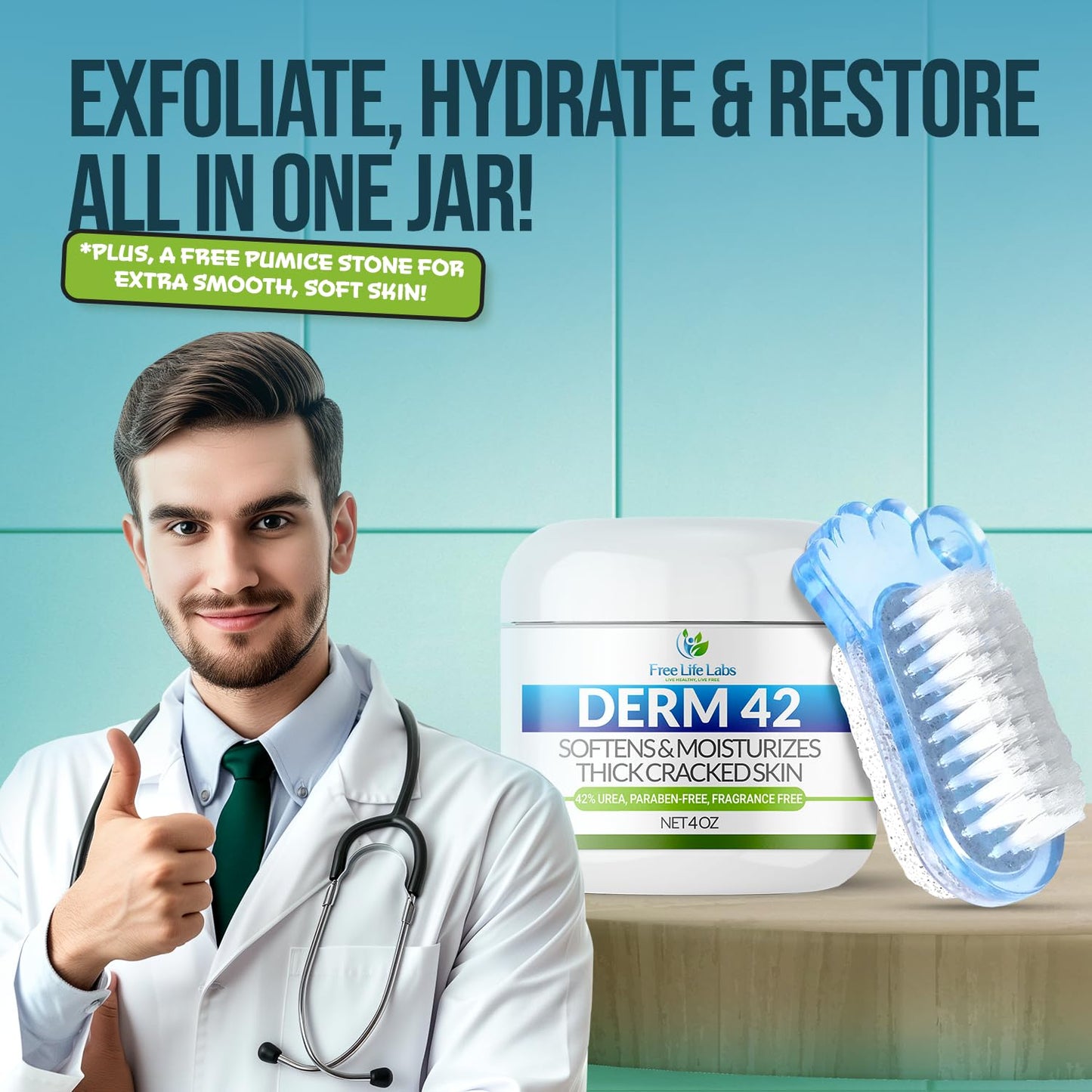 Urea Cream for Feet - Maximum Strength 42% Foot Cream for Calluses and Dry Feet - Free Pumice Stone and Brush - Shea and Mango Butters-Paraben Free-Fragrance Free- 4oz.