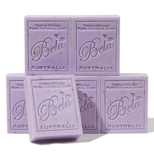 BELA Lavender Soap Bars 3.3 OZ Pack of 6, French Triple Milled Bar Soap with Organic Shea Butter, Lavender and Flower Scented Soap, Made in Australia