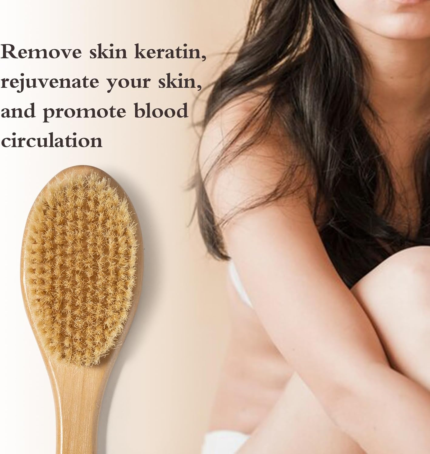 Bamboo Long Handle Back Scrubber Brush,Dry Body Scrubber for Dry Skin, Blood Circulation, Cellulite Treatment,Dry Brush Suitable for All Kinds of Skin with Soft and Stiff Bristles