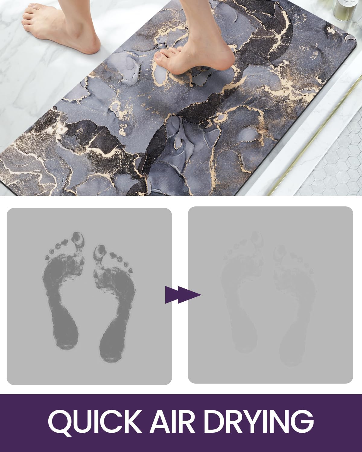 DEXI Bathroom Mat Ultra Thin, Non Slip Bath Rug for Shower Floor, Absorbent Quick Dry Marble Bathmats Low Profile, 16x24, Dark Grey