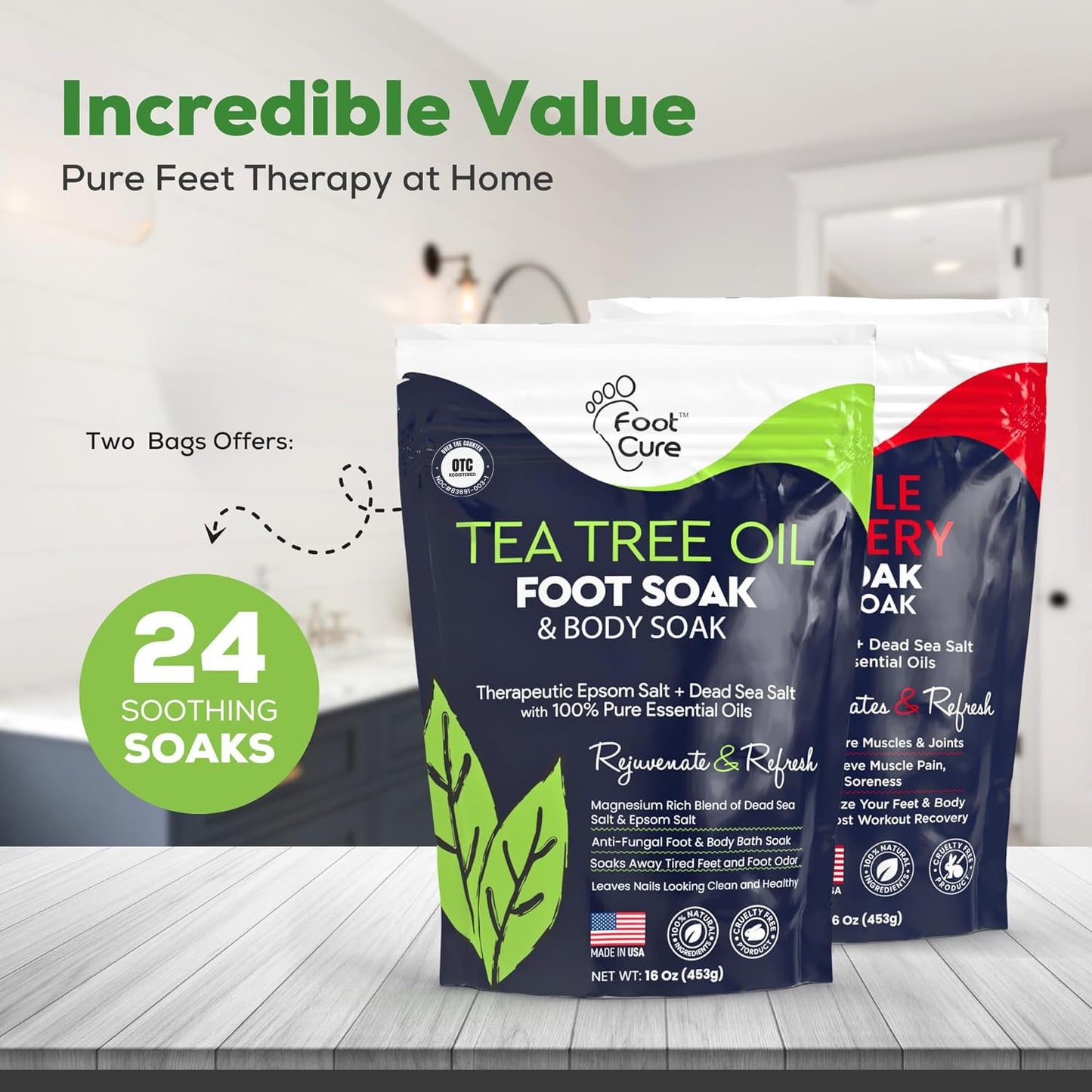 FOOT CURE Tea Tree Oil & Muscle Foot Soak with Epsom Salts - All-Natural Salts for Post-Workout Recovery - Softens Calluses, Soothes Sore & Tired Feet, Foot Odor Control, Spa Pedicure (Pack of 2)
