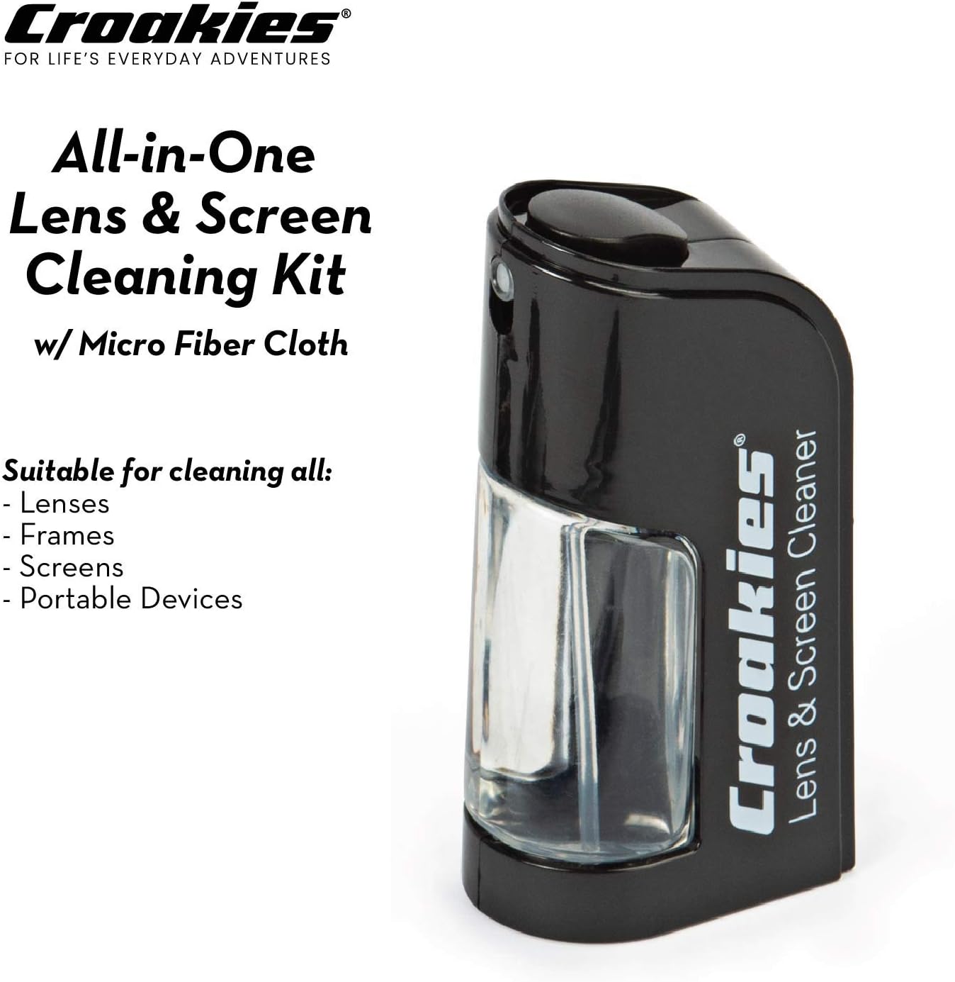 Croakies All-in-one Cleaning Kit | Lens Care Travel Kit with Pump and Microfiber Cloth | All Natural Cleaner for Eyewear and Lenses