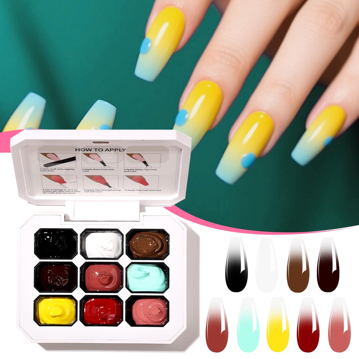 9 Colors Set Ombre Gel Nail Polish,Gel Ombre Color Palette for Nails with 100Pcs Nail Sponges for 3D Nail Art in Salon or Home Use