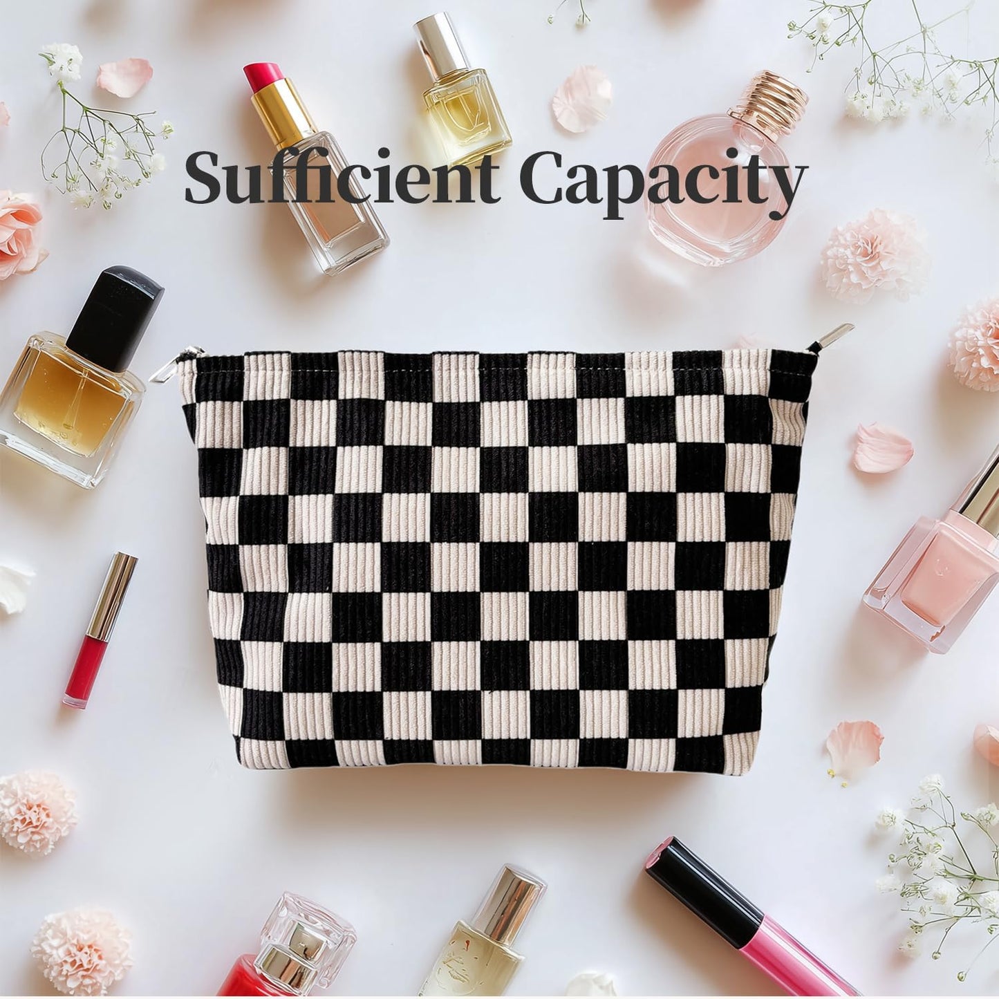Checkered Corduroy Makeup Bag for Women, Black and White Gingham Cosmetic Bag with Zipper, Corduroy Travel Toiletry Bag, Sunscreen Sunblock Spf Bag, Hygiene Medicine Pouch,Organizer for Purse