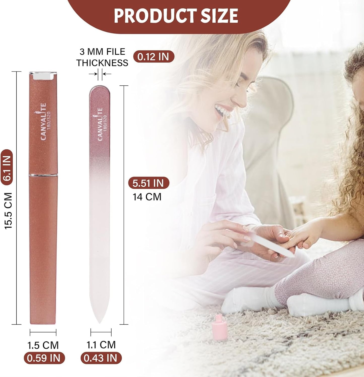 CANVALITE Glass Nail Files for Natural Nails - Double Sided 180/320 Grit Crystal Glass File with Case, Gentle Emery Boards for Damaged Nails, Stocking Stuffers for Women (Rose Gold)