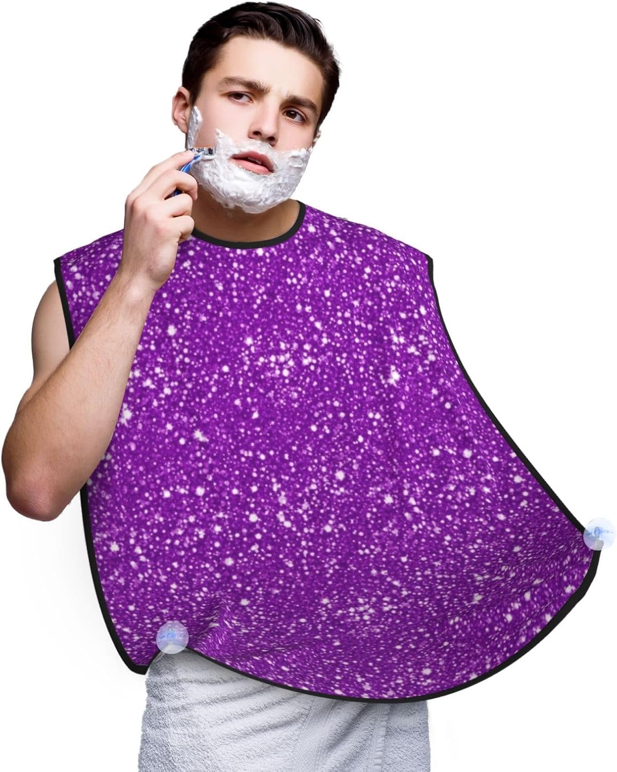 Beard Bib with 3 Suction Cups, Non-Stick Waterproof Hair Catcher Apron, Men's Shaving Essential for Grooming, Purple Glitter Sparkle Pattern Shave Bib