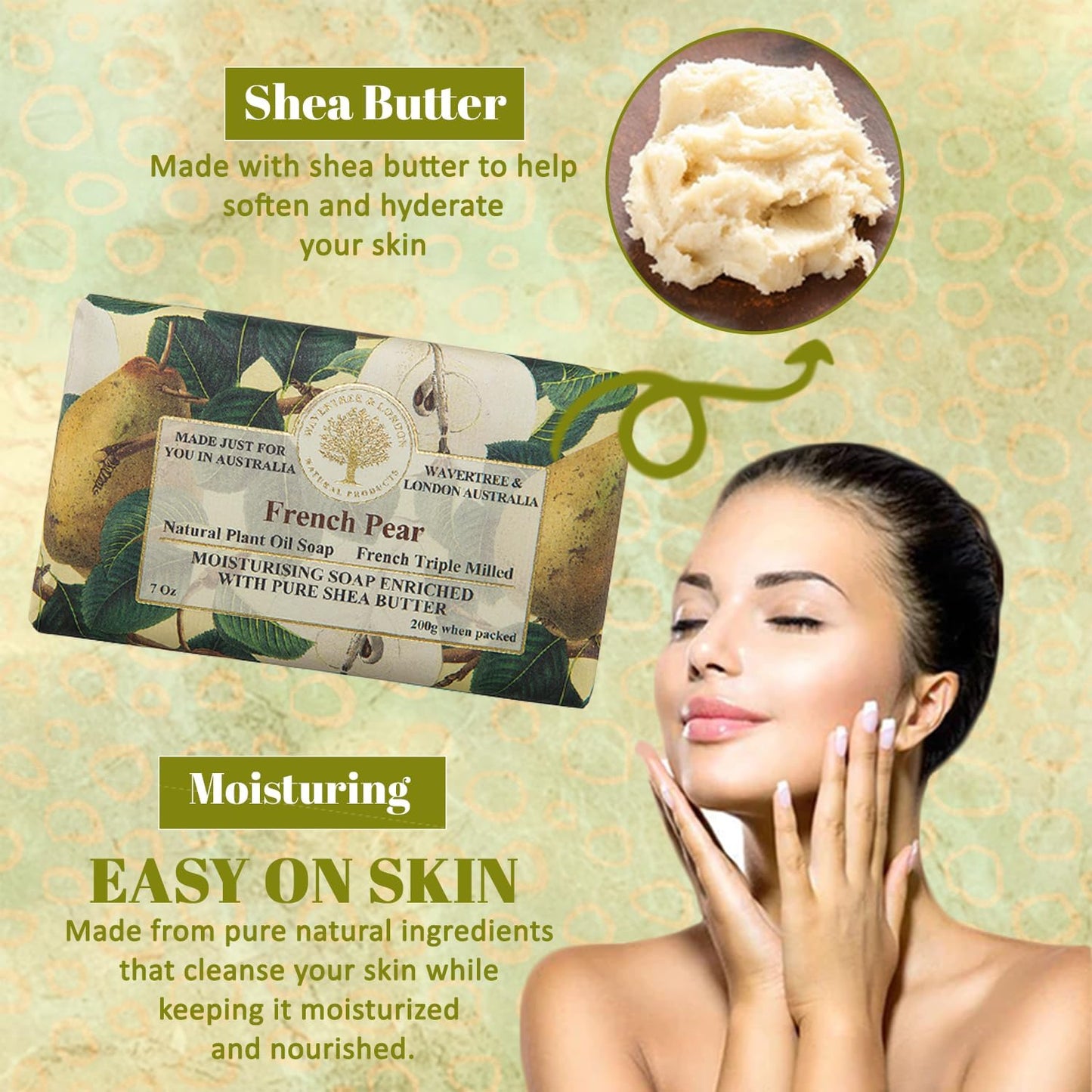 Wavertree & London French Pear Scented Natural Soap Bar, 7oz Moisturizing French Triple Milled Soap Bar for Women & Men enriched with shea butter - Pure Bath & Body soap bar for All Skin Types