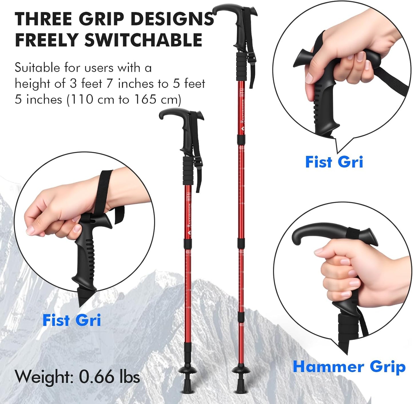 Telescopic Walking Cane 43 Inch with Anti-Shock & T-Grip Handle - 7075 Aluminum Quick Lock Trekking Pole, Ultralight for Hiking, Camping, Mountaineering