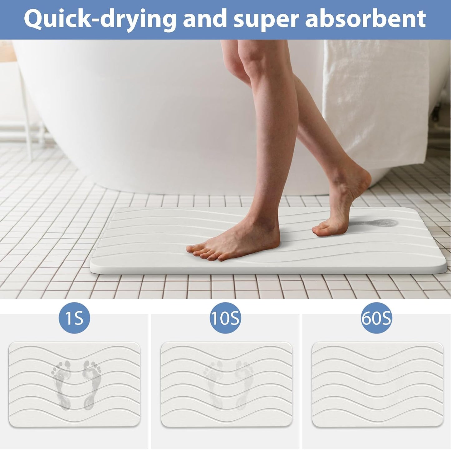 Absorbent Stone Bath Mat, Diatomaceous Earth Shower Mats, Non-Slip Water Absorbing Diatomite Stone Mat for Bathroom Floor, Quick-Drying Easy to Clean (23" x 16" White)