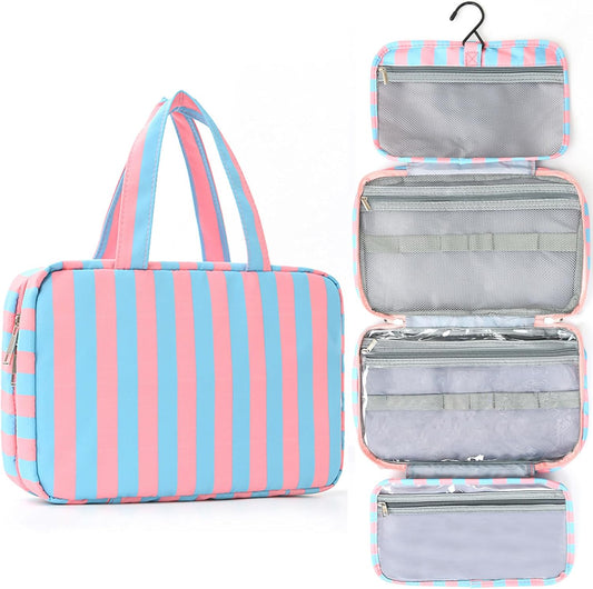 Toiletry Bag for Women Travel Water-resistant Cosmetic Bag Fashion Stripes Makeup Bag with Hanging Hook Preppy for Store Toiletries Cosmetic Accessories Large Capacity Rose Red