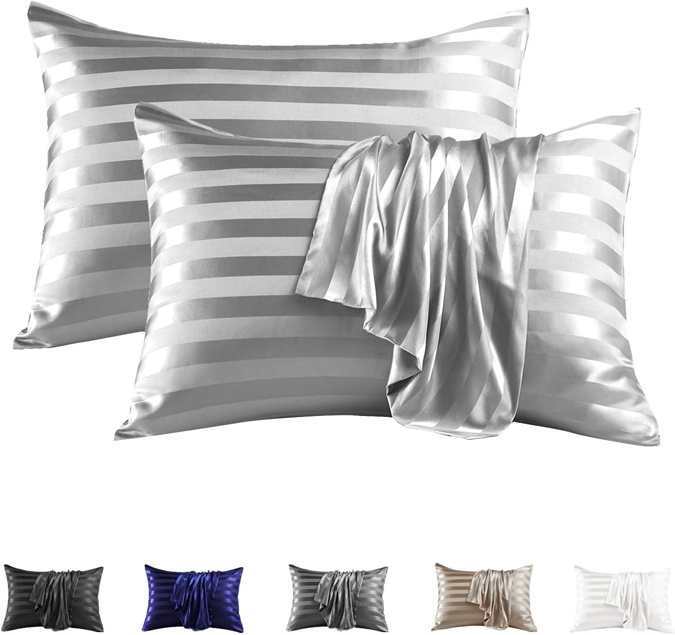 MR&HM Satin Pillowcase for Hair and Skin, Silk Satin Pillowcase 2 Pack, Standard Size Pillow Cases Set of 2, Silky Pillow Cover with Envelope Closure (20x26, Silver Grey Striped)