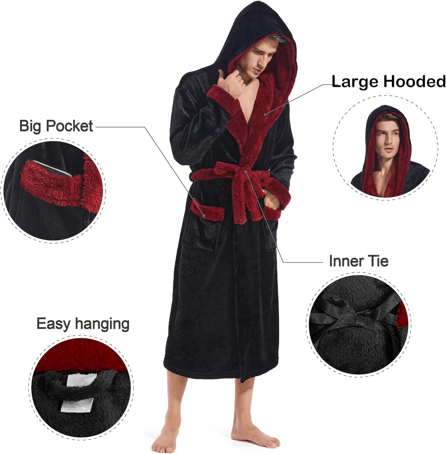 Inner Wish Mens Hooded Robe, Plush Long Bath robes Cozy Warm Bathrobe Fuzzy male Spa Robe With Pockets