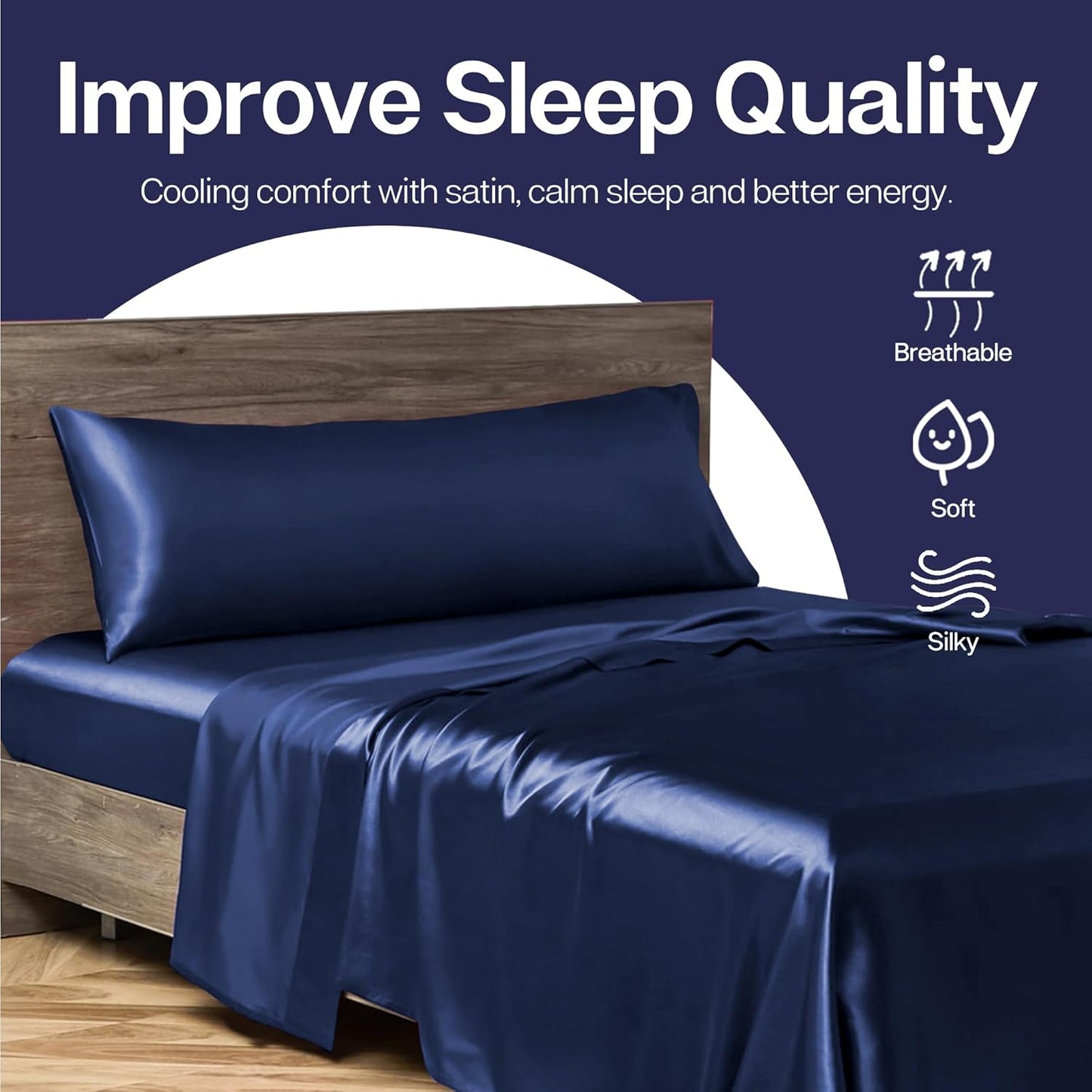 MR&HM Satin Body Pillow Cover, Soft and Breathable Body Pillow Case with Envelope Closure, Cooling and Silky Long Pillowcase for Hair and Skin,Grey (20x54, Navy Blue)