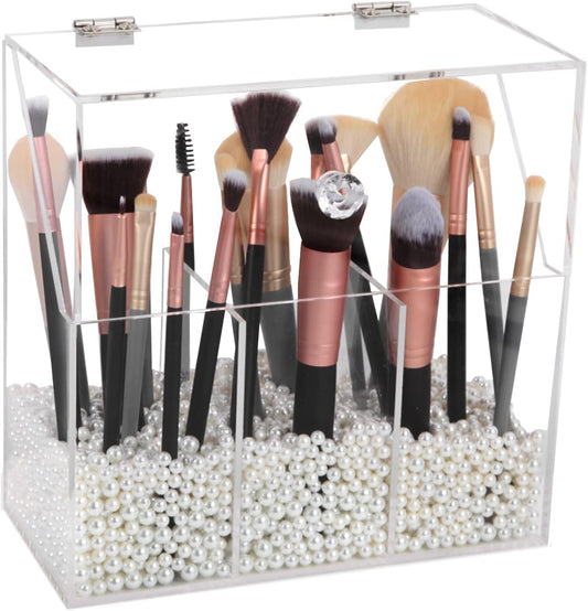 Acrylic Makeup Brush Holder, Clear Cosmetic Storage Box with 3 Brush Holders, Dust Cover, Large-Capacity Split Design for Organizing Vanity Desk