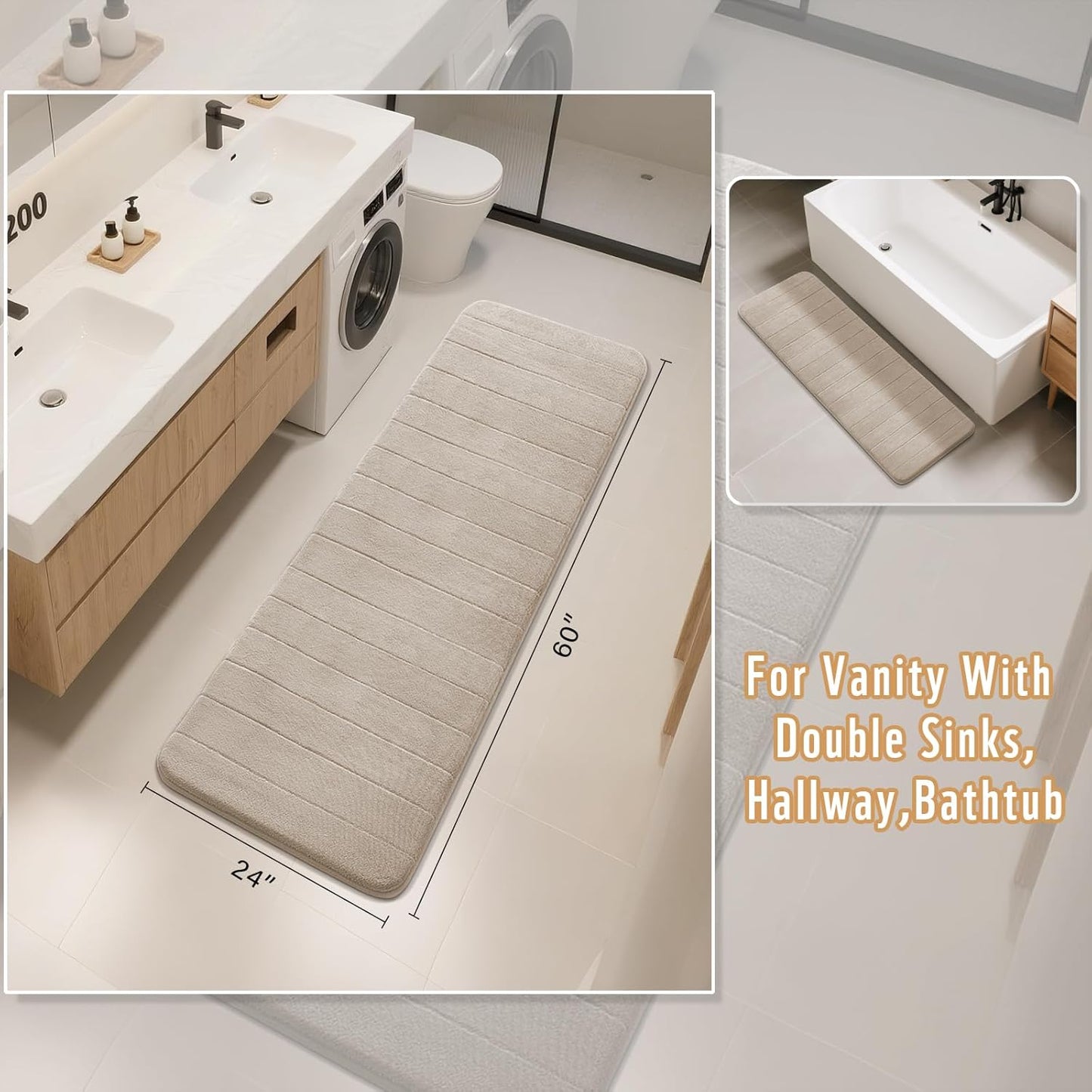 Yimobra Bathroom Runner 60"x24", Non Slip Memory Foam Bath Mat, Super Soft Water Absorbent Hallway Carpet, Machine Washable Rug for Vanity Tub Shower, Beige