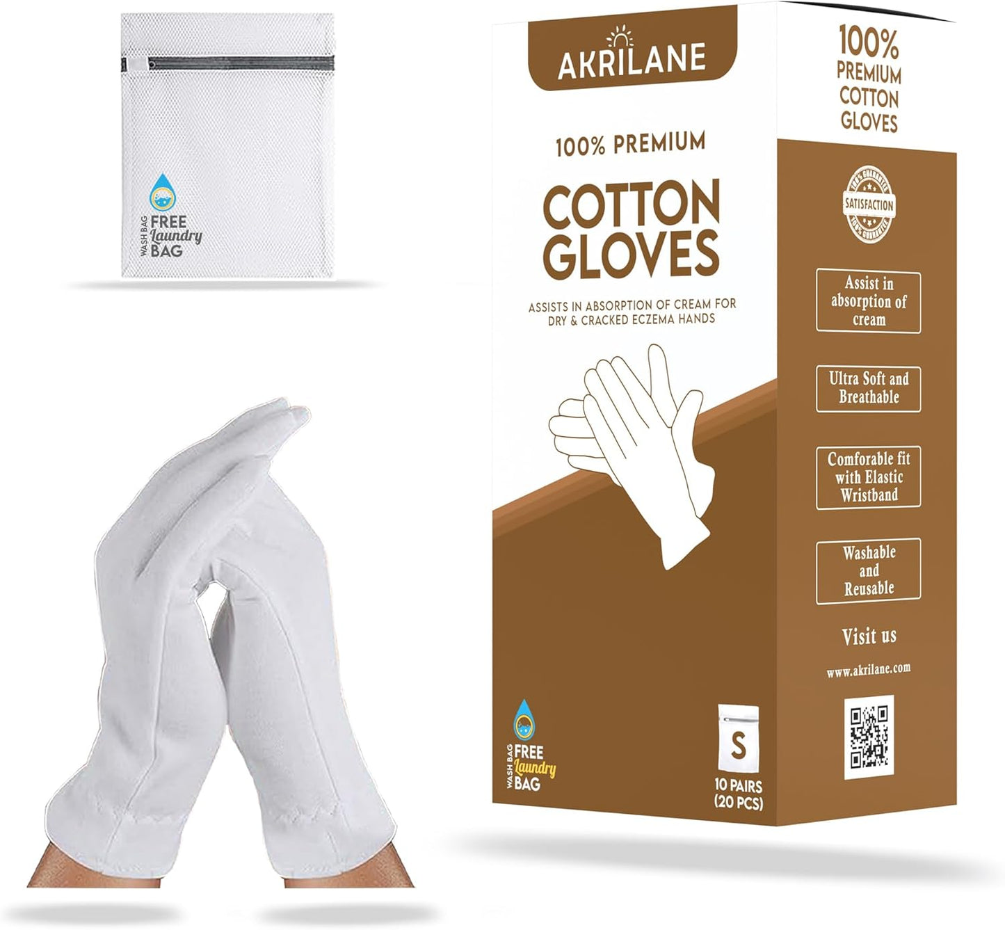 S Small 10 Pairs 100% Premium Cotton Gloves for Dry Hands | Moisturizing Overnight Gloves for Eczema, Psoriasis & Skin Spa Treatment for Women & Men | Washable & Reusable with Free Laundry Bag