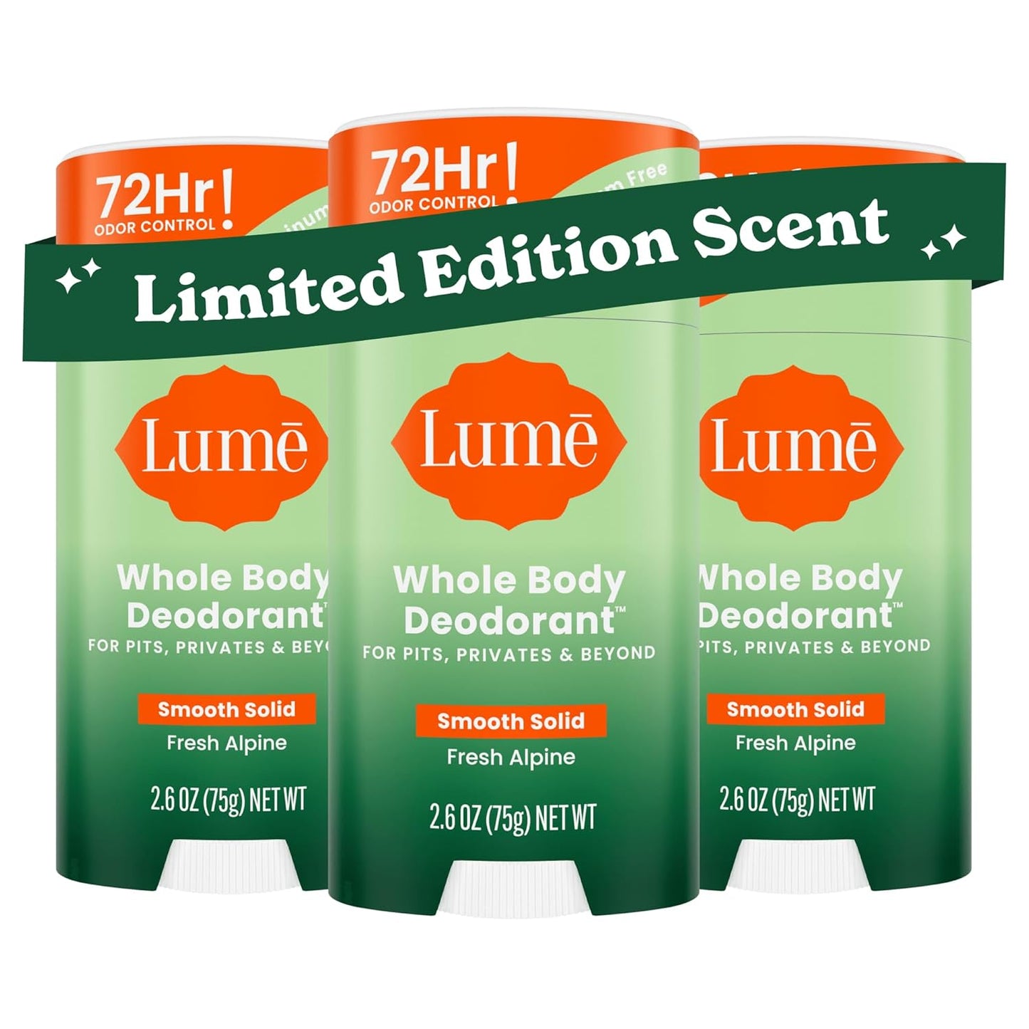Lume Whole Body Deodorant - Smooth Solid Stick - 72 Hour Odor Control - Aluminum Free, Baking Soda Free and Skin Loving - 2.6 Ounce (Pack of 3) (Fresh Alpine)