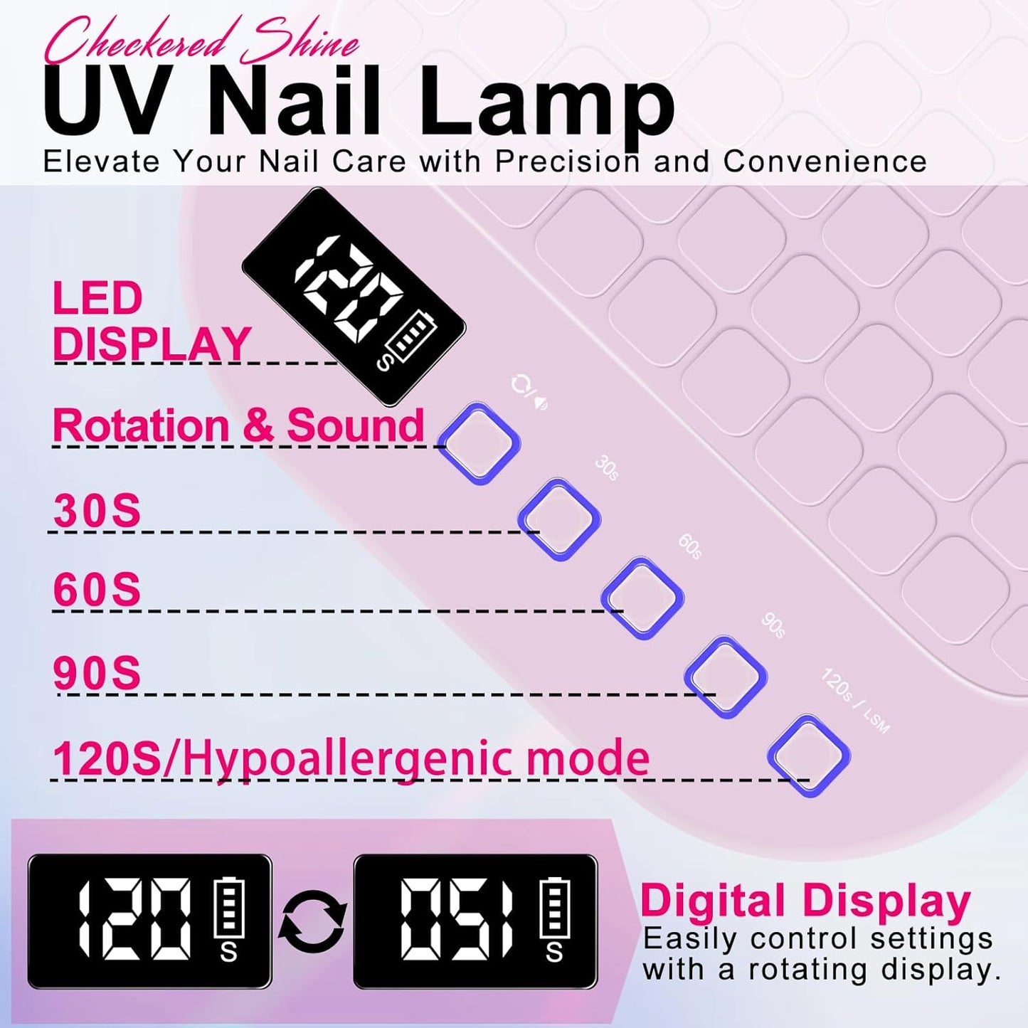 MEKK Cordless UV LED Nail Lamp,54W UV Light for Gel Nails with Hand-Friendly Red Light Beads,Auto Sensor & 4 Timer Settings Professional Flash Cure Lamp for Salon and Home,Checkered Design-Pink