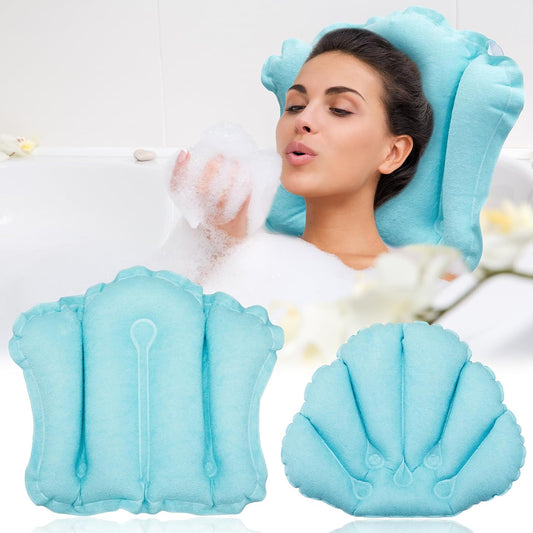 Jetec 2 Pcs Inflatable Bath Pillow with Suction Cup Bathtub Spa Pillow Neck Support Supplies Shell-Shaped Soft Inflatable Cushion Large Small Size Fits All Tub Pool Bath and Bathroom(Blue)