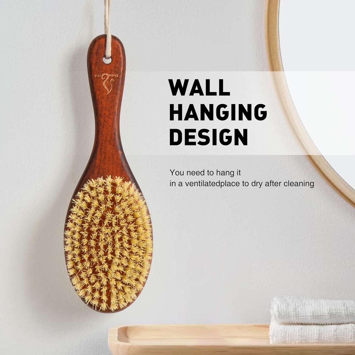 Short-Handle Dual-Sided Bath Massage Brush, Soft Boar & Firm Sisal Bristles, Portable (Red Oak)