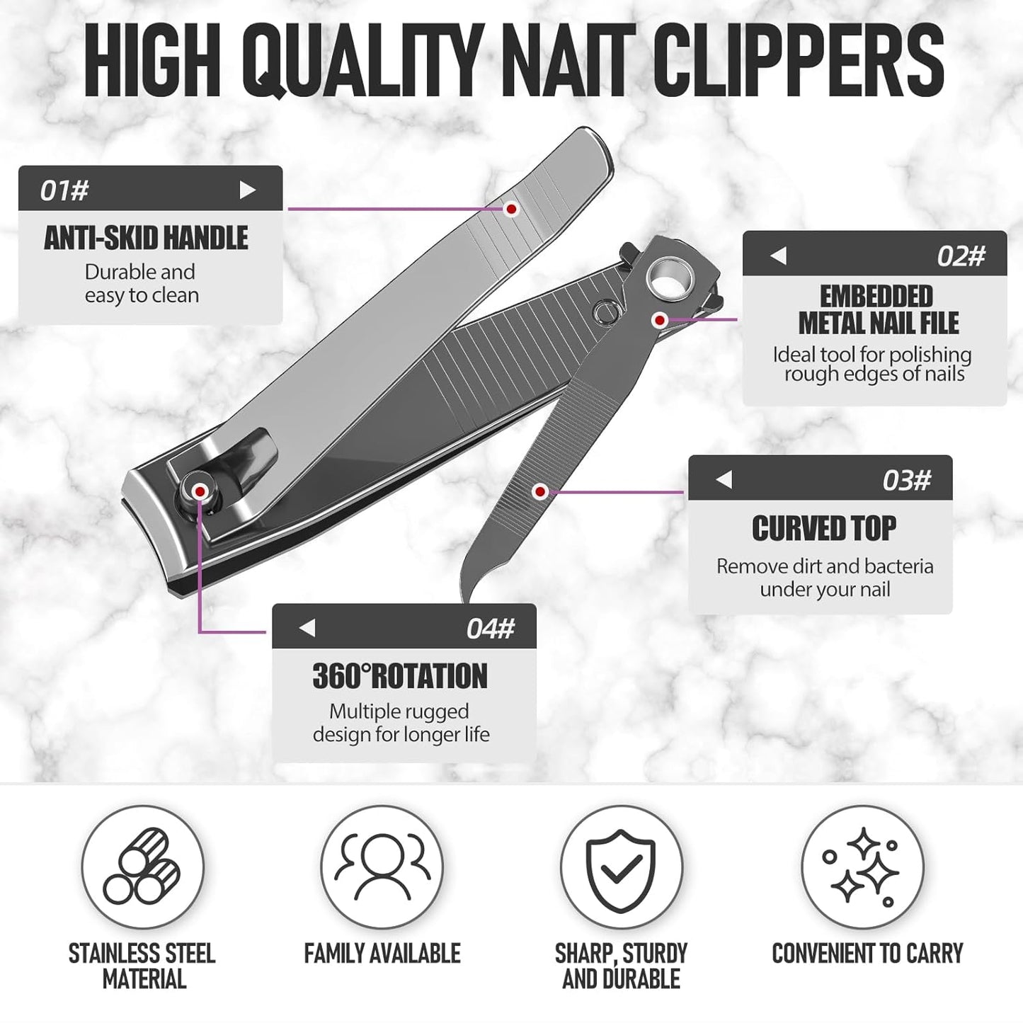 Nail Clipper Set, Sturdy Stainless Steel Fingernails & Toenails Clippers & Nail File, Sharp Effortless Fingernail Toenail Trimmer, Portable Nail Cutter for Women Men（Gray）