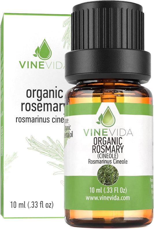VINEVIDA Organic Rosemary Essential Oil 10 mL - Pure, Undiluted, Vegan, Reusable Glass Bottle with Euro Dropper for DIY Projects