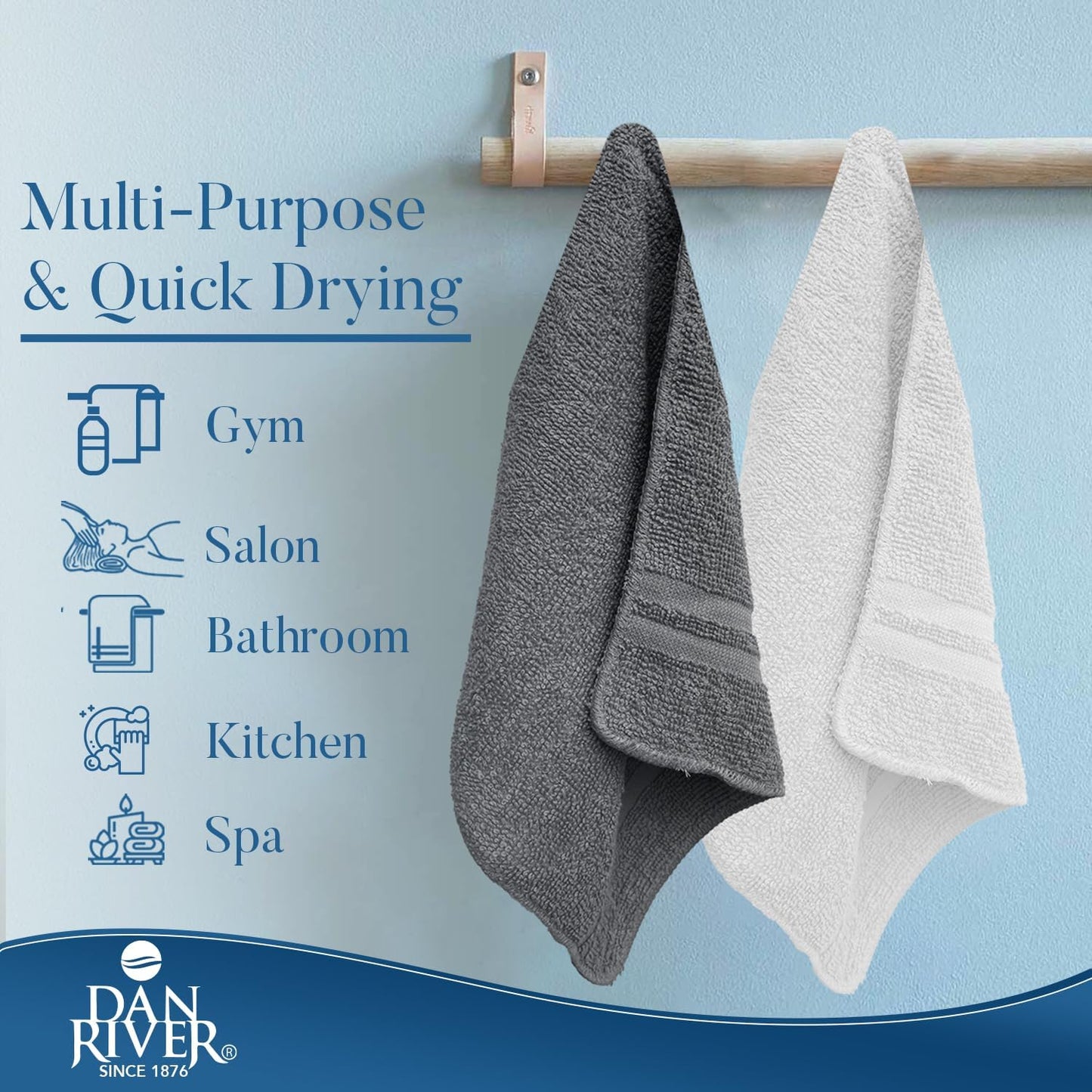 DAN RIVER 100% Cotton Washcloths 20 Pack Premium Quality Face and Body Cloth, Quick Dry Essential Towels for Bathroom, Hand, Kitchen & Cleaning, Baby Rugs | 11X11 in | 400 GSM | Grey + White