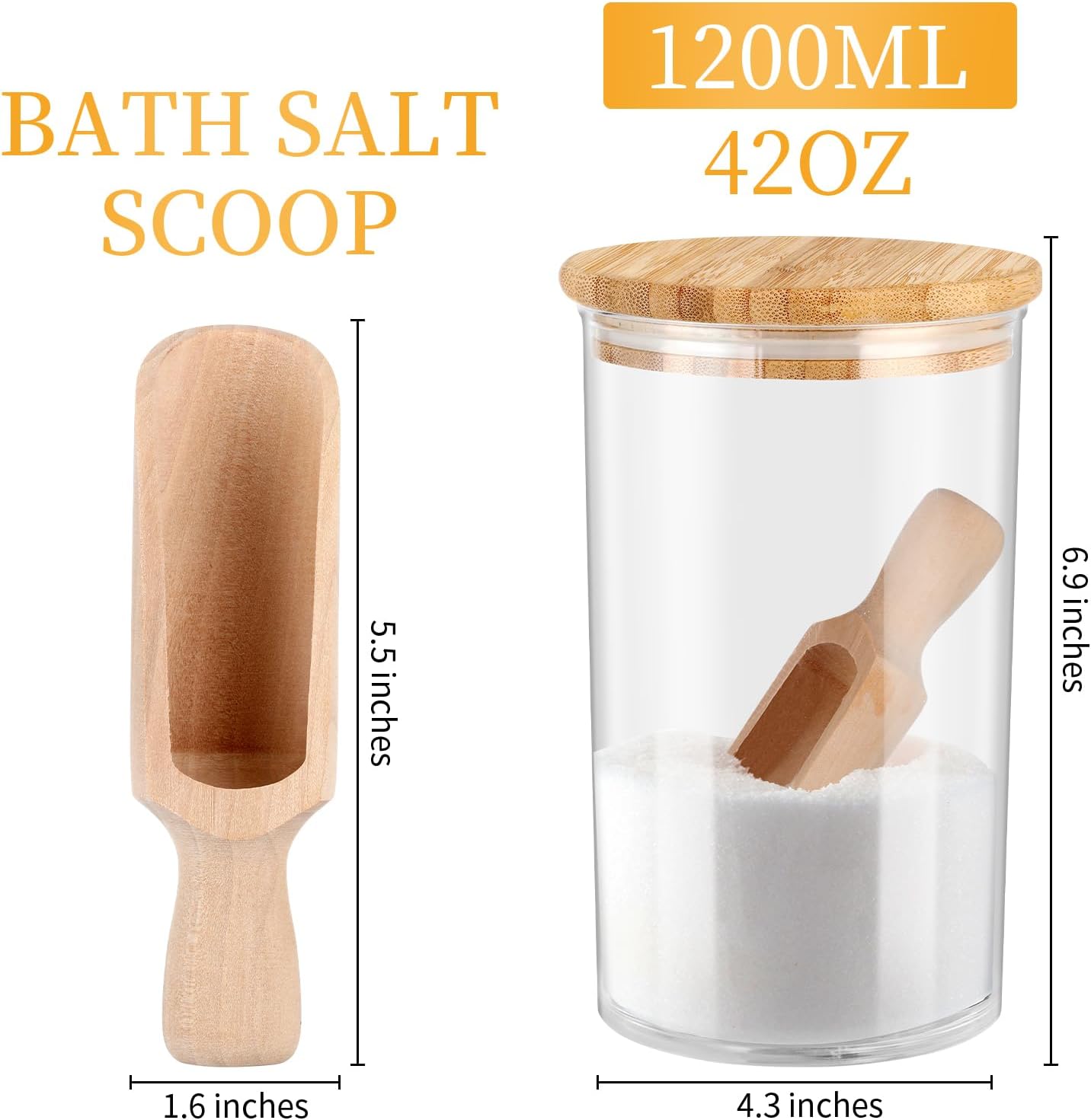 42oz Acrylic Bath Salt Jar with Wooden Scoop Flour Containers with Lids Airtight Epsome Salt Bath for Bathroom Kitchen（Hold 42 Ounces of Bath Salt）