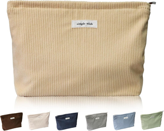 Wudygirl Makeup Bag Large Capacity Cosmetic Bag Travel Makeup Pouch Cute Toiletry Bag for Women Makeup Bag Organizer Handbags Purses Zipper Pouch Corduroy (Light Yellow)