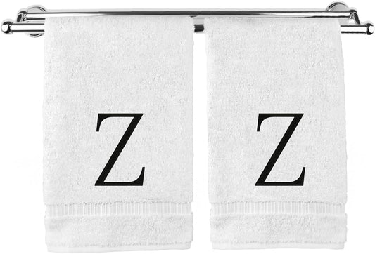 Monogrammed Hand Towel, Personalized Initial Gift, Extra Absorbent 100% Turkish Cotton - Soft Terry Finish - Set of 2 - Black Block Initial Z - Embroidered on White Towels