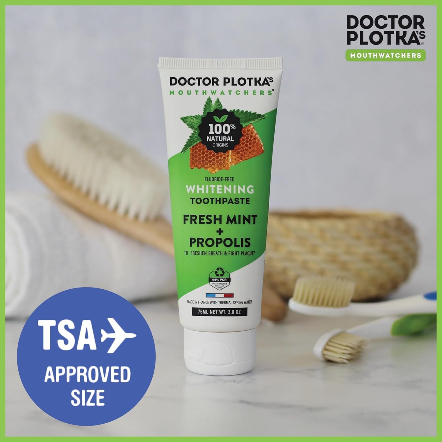 MOUTHWATCHERS Whitening Fluoride Free Naturally Sourced Toothpaste, 3 oz Tube, for Sensitive Teeth and Gums, Organic, SLS Free, Fresh Organic Mint and Propolis, by Dr. Plotka's