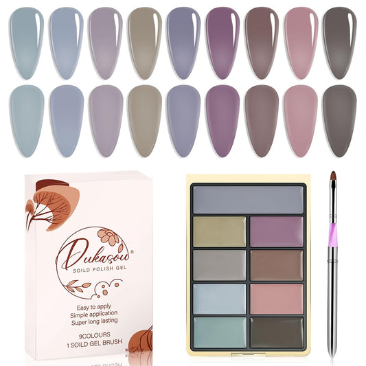 Solid Gel Nail Polish Set, 9 Colors Dark Purple Solid Cream Gel Polish Palette with Brush, Solid Ombre Nail Polish for Women DIY Manicure Art