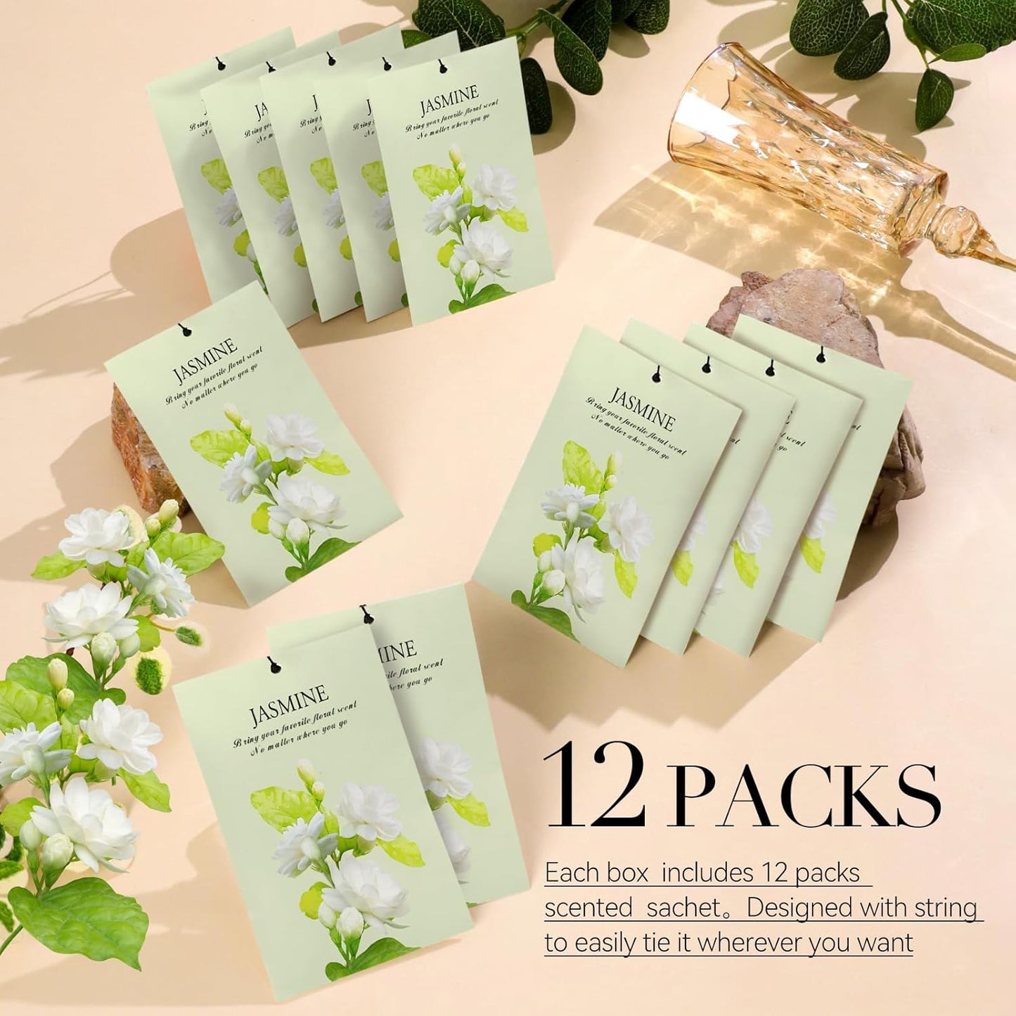 Jasmine Scented Sachet Bags - 12 Pack Closet Freshener Odor Eliminator, Long Lasting Home Fragrance for Drawers, Wardrobes & Cars, House Smell Good Products, Air Freshener for Closet