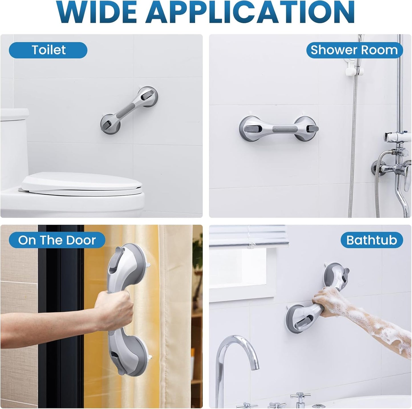 LEVERLOC Grab Bars for Bathtubs and Showers 2 Pack Suction Grab Bar, Heavy Duty 12 Inch Shower Handle Removable Handrails for Seniors and Elderly, Bathroom Safety Grip No Drilling Waterproof Silver