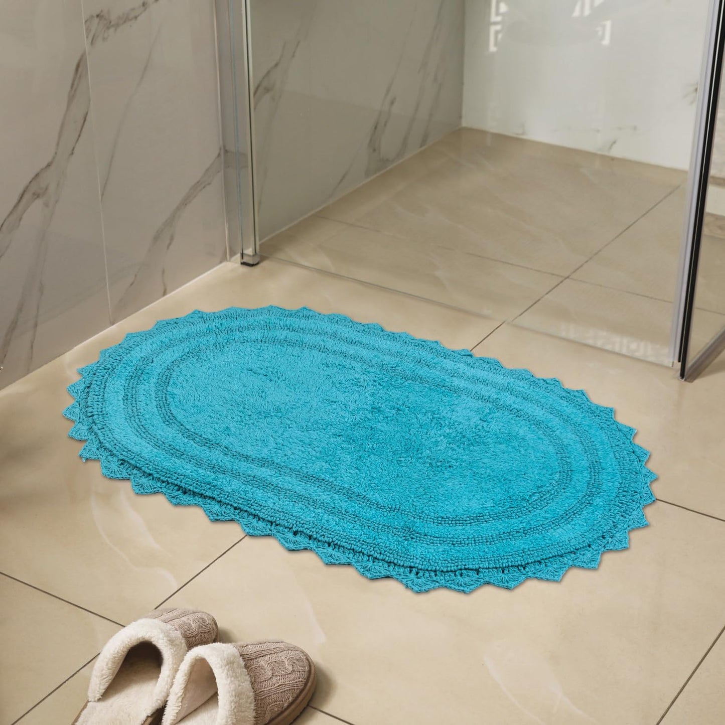 RAJRANG Bluebird Oval Bath Rug – 24x17 Inches Soft Cotton Bathroom Mat with Crochet Pattern, Reversible and Absorbent Rug for Shower, Sink or Toilet Area