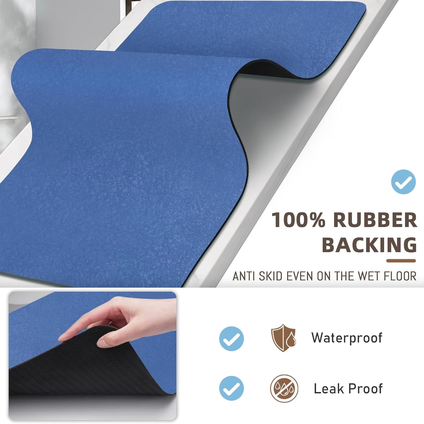 Diatomaceous earth bath mat Bathroom Rugs Sets 3 Piece Super Absorbent Quick Dry Bath Mats, Rubber Non Slip Shower Mat and Toilet Mat U Shape, Shower Rug for in Front of Bathtub Shower, Blue
