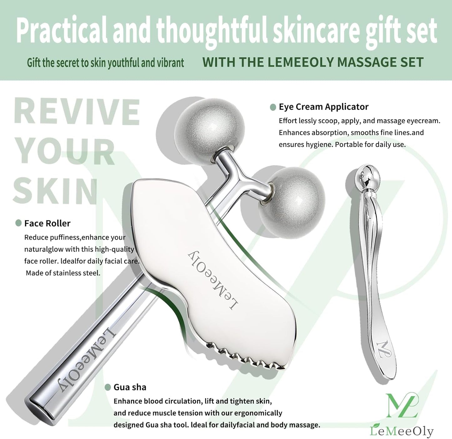 2Pcs Gua Sha Facial Tools Stainless Steel, Detailer GuaSha Set for Face Neck, Natural Skin Care Metal Gua Sha Lymphatic Drainage Face Massage Tool, Gift for Women (Detail Guasha Set)