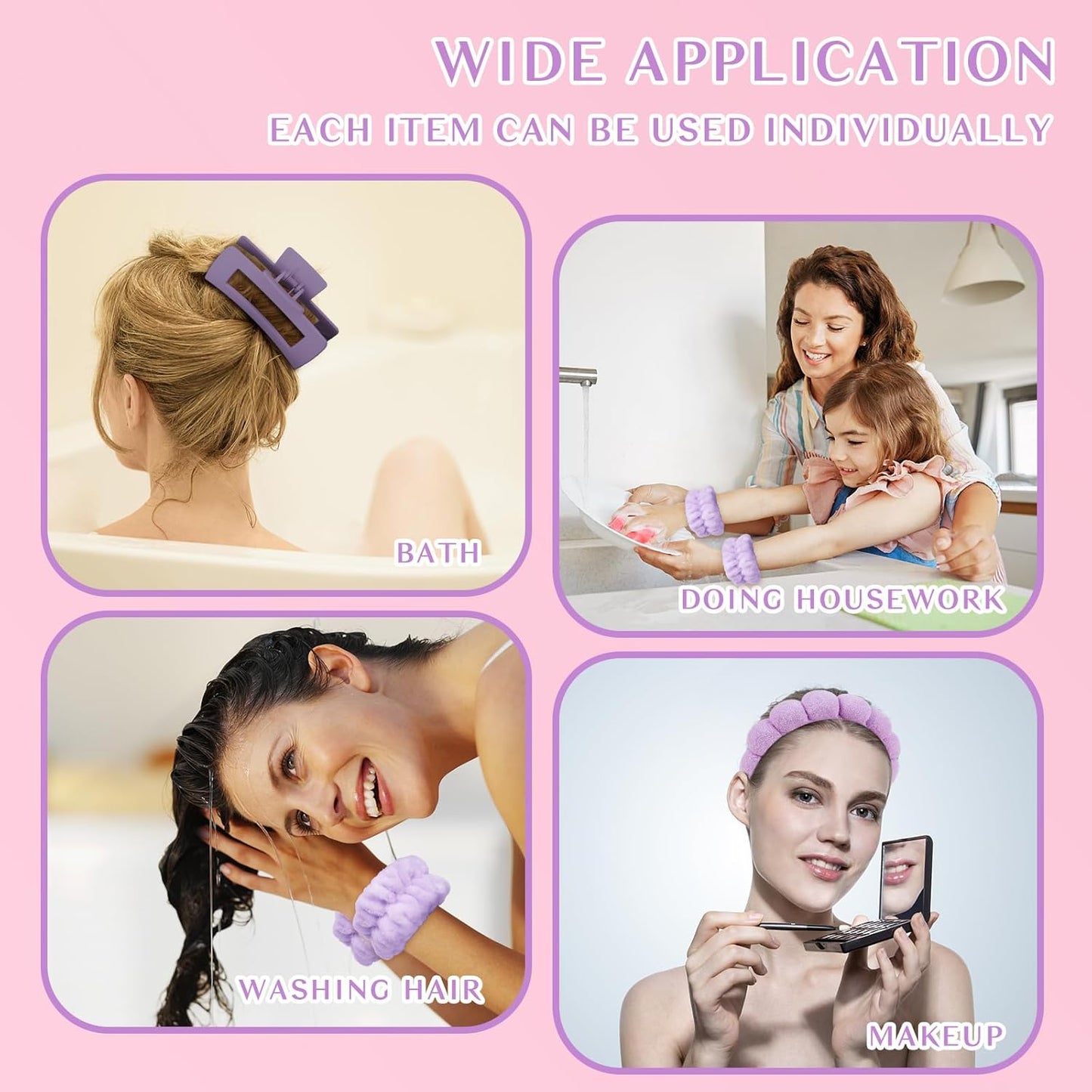 Wecoe Spa Headband And Wristband Set Skincare Headband For Washing Face Hair Claw Clips For Thick Hair Cute Purple Puffy Sponge Makeup Bubble Head Band Wrist Towels Scrunchies For Women Girls
