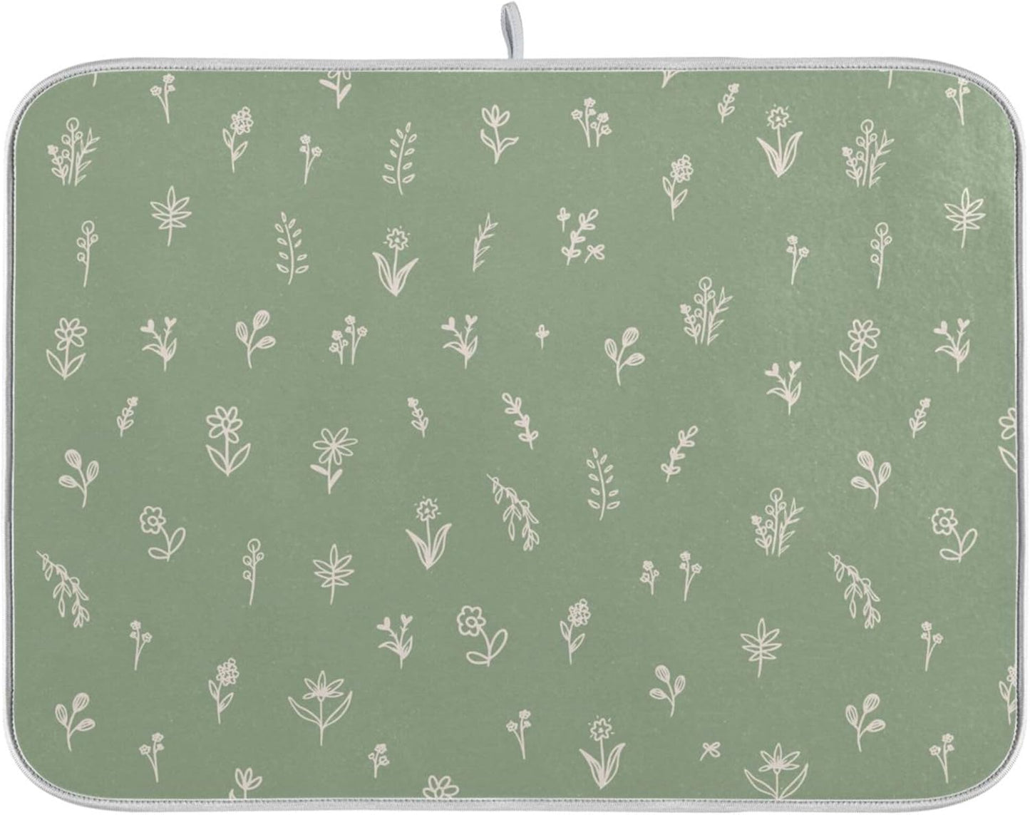 Sage Green Dish Drying Mat Quick Absorbent 16x18 Doodled Botany Flowers Leaves Herbs Plants Kitchen Drying Mat for Countertop Sink Reusable Dishes Mats Kitchen Essentials