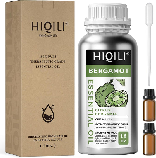 HIQILI Bergamot Essential Oil for Diffuser, Skin, Hair, DIY, 100% Pure & Natural - 16 Fl Oz (500 mL)