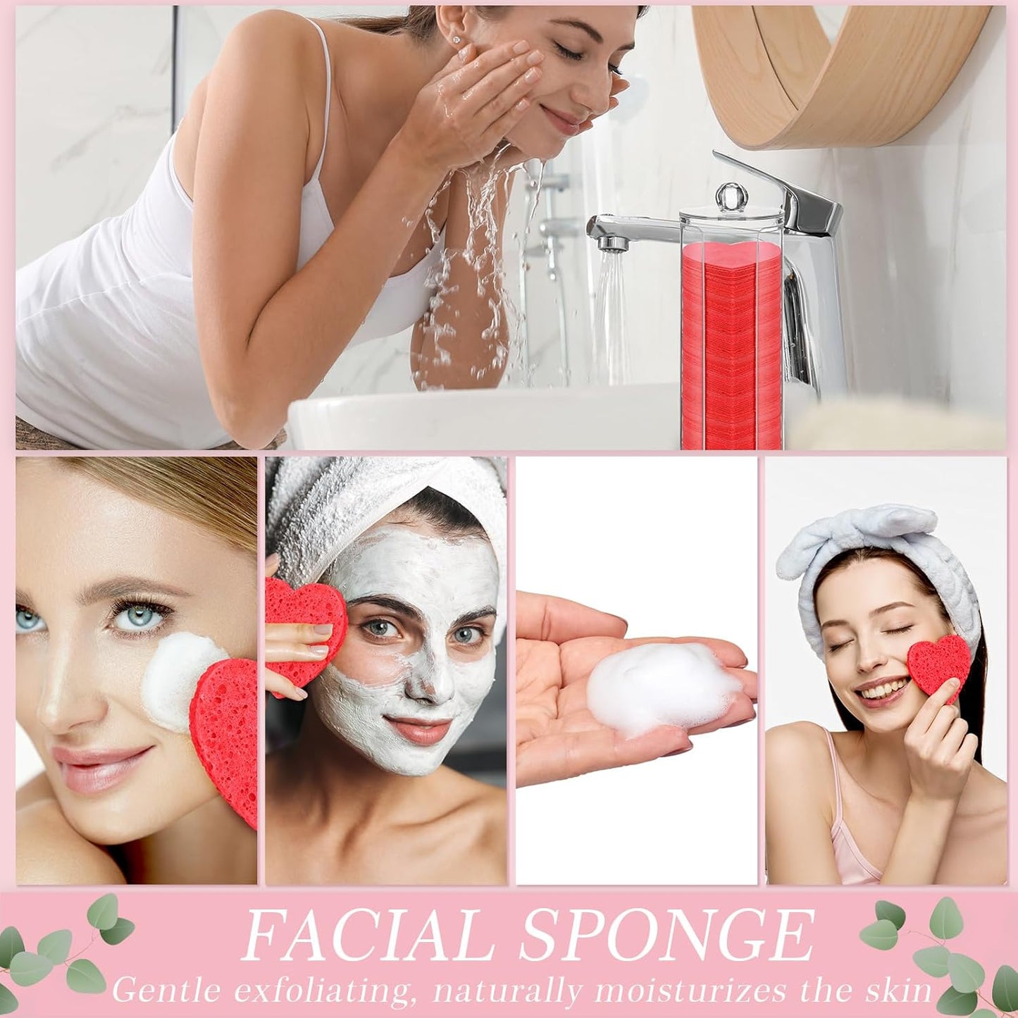 Sieral 120 Pcs Compressed Facial Sponges with Container Disposable Face Sponge Pads for Washing Face Cleansing Exfoliating Esthetician Makeup Removal(Heart,Red)