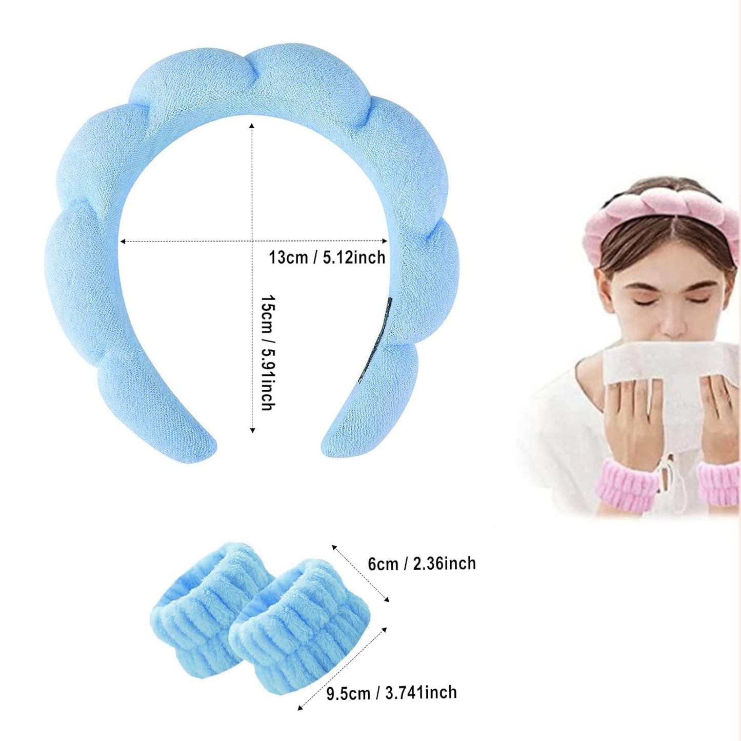 Spa Headband and Wristband Set for Women,Terry Cloth Sponge Headband for Washing Face,Makeup,Facial Mask and Skincare (Black,Blue, One Size)