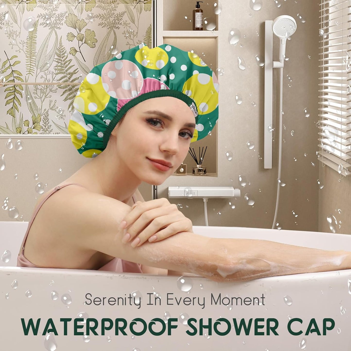 Years calm Luxury Shower Caps for Women Reusable Waterproof – Polka Dot Double Layer Bath Cap with Adjustable Elastic for Braids & Long Hair, Comfortable & Stylish, Versatile Use (Green)