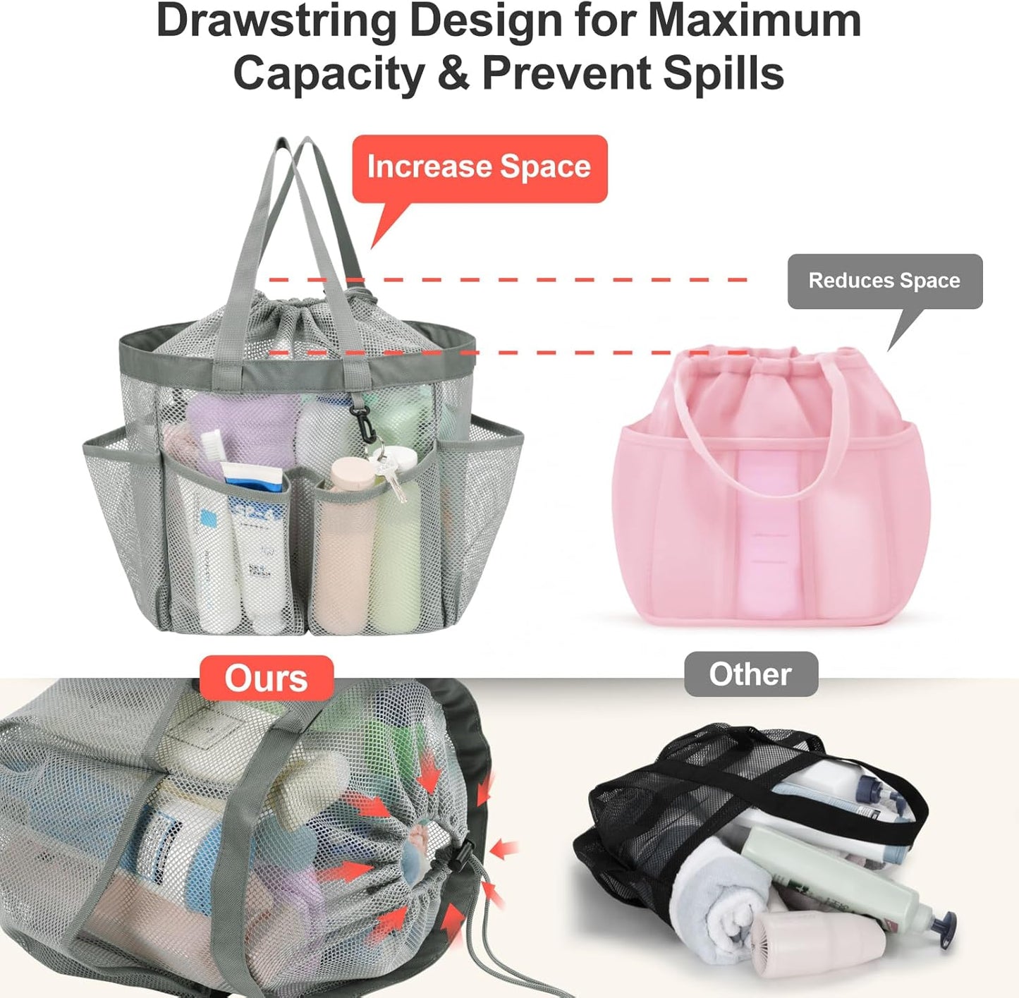 F-color Mesh Shower Caddy Portable with Drawstring - Upgrade Deeper 7 Pockets Dorm Room Essentials for Guys Girls with S Hook, Shower Bag Basket Tote for College Camping Toiletry Bathroom, Grey