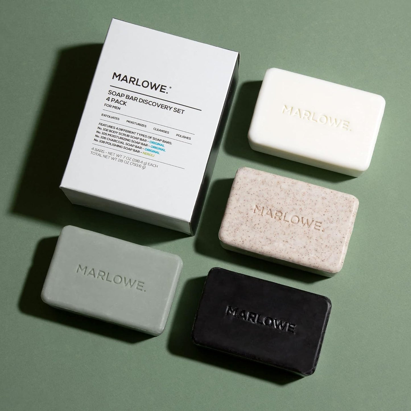 MARLOWE. Soap Discovery Gift Set, Mens Skin Care Variety Selection of Exfoliating Body Scrub, Charcoal, Moisturizing & Polishing Body Bar Soaps for Men, 4 Pack